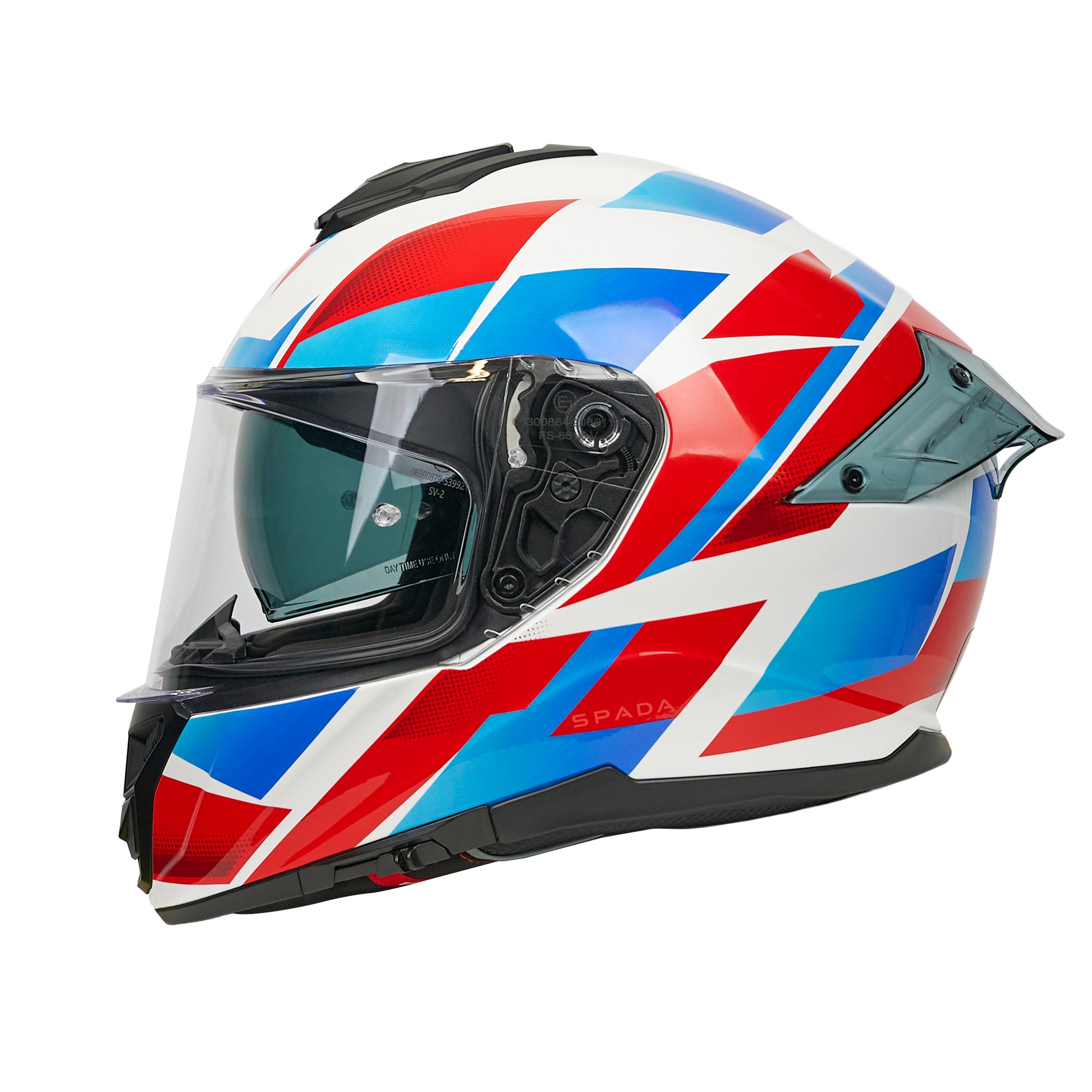 Colorful motorcycle helmet with geometric pattern on a white background