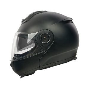 Black motorcycle helmet with clear visor on a white background