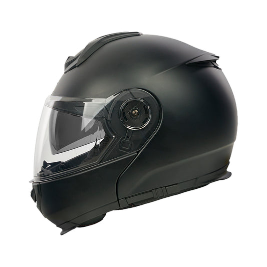 Black motorcycle helmet with clear visor on a white background