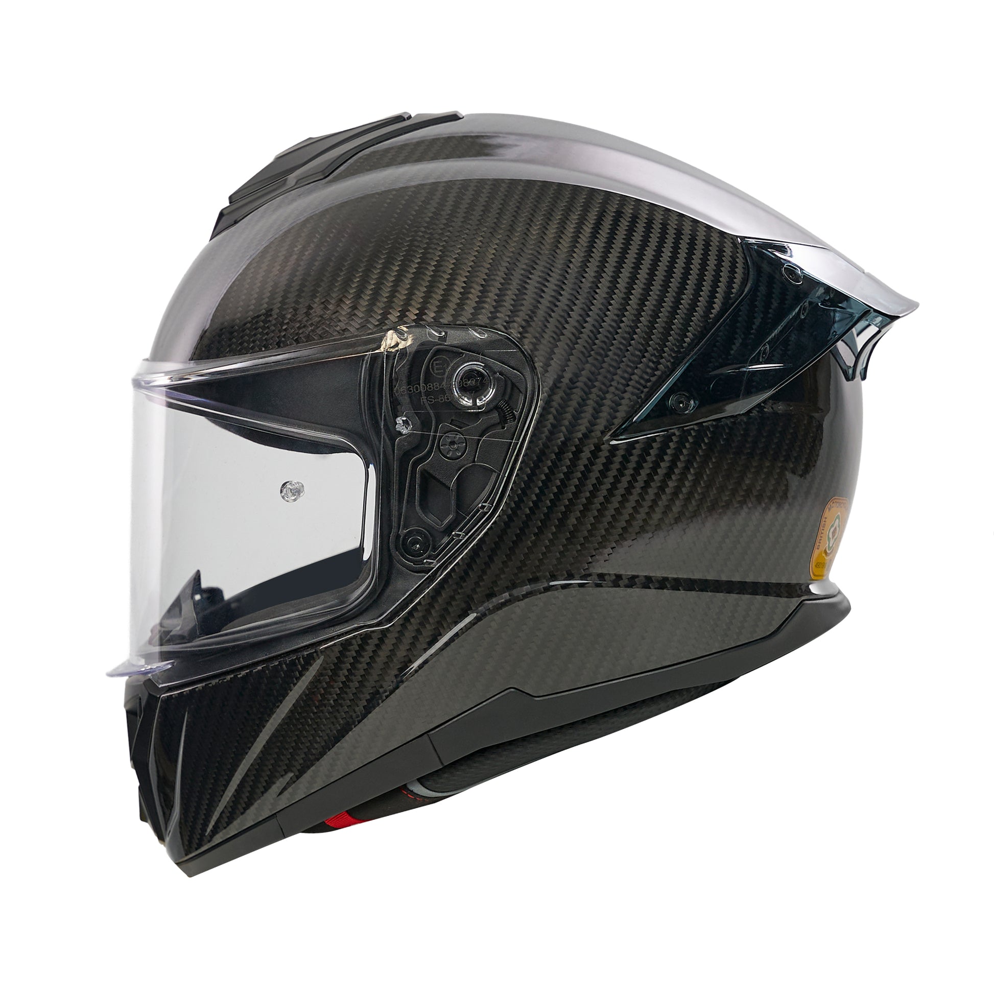 Carbon fiber motorcycle helmet with clear visor on a white background
