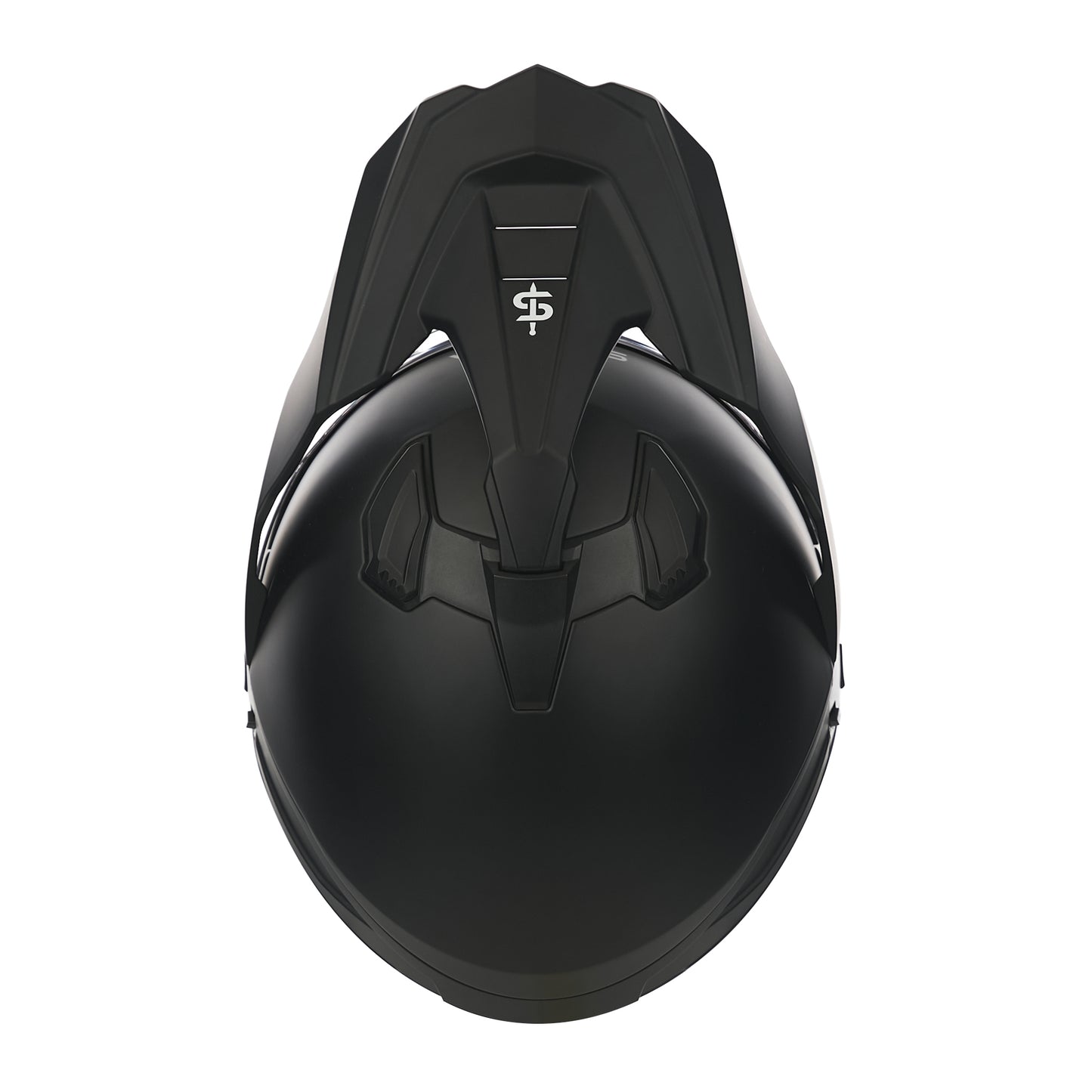 top of matt black off road helmet with peak