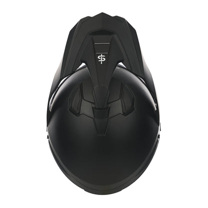 top of matt black off road helmet with peak