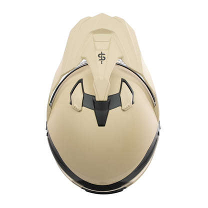 Beige off road helmet with black accents on a white background