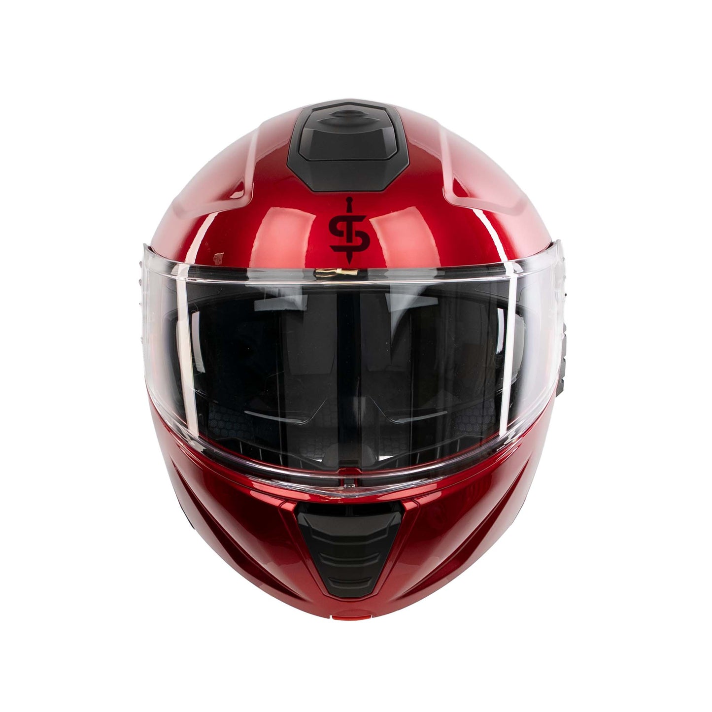 front facing red motorbike helmet with black spada logo