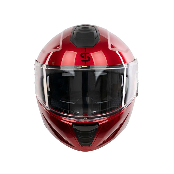 front facing red motorbike helmet with black spada logo
