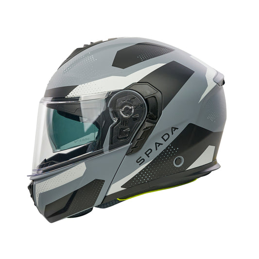Gray and black motorcycle helmet with clear visor on a white background