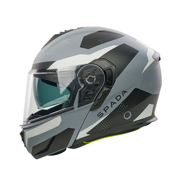 Gray and black motorcycle helmet with clear visor on a white background