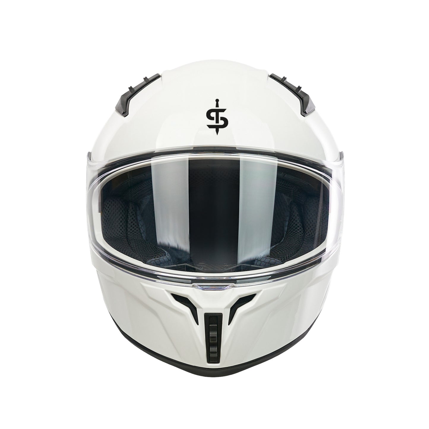 front facing glossy white helmet with black vents and clear visor