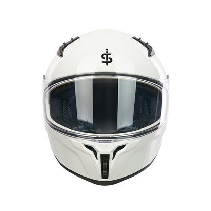 front facing glossy white helmet with black vents and clear visor