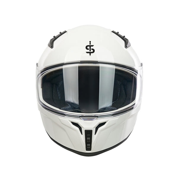 front facing glossy white helmet with black vents and clear visor