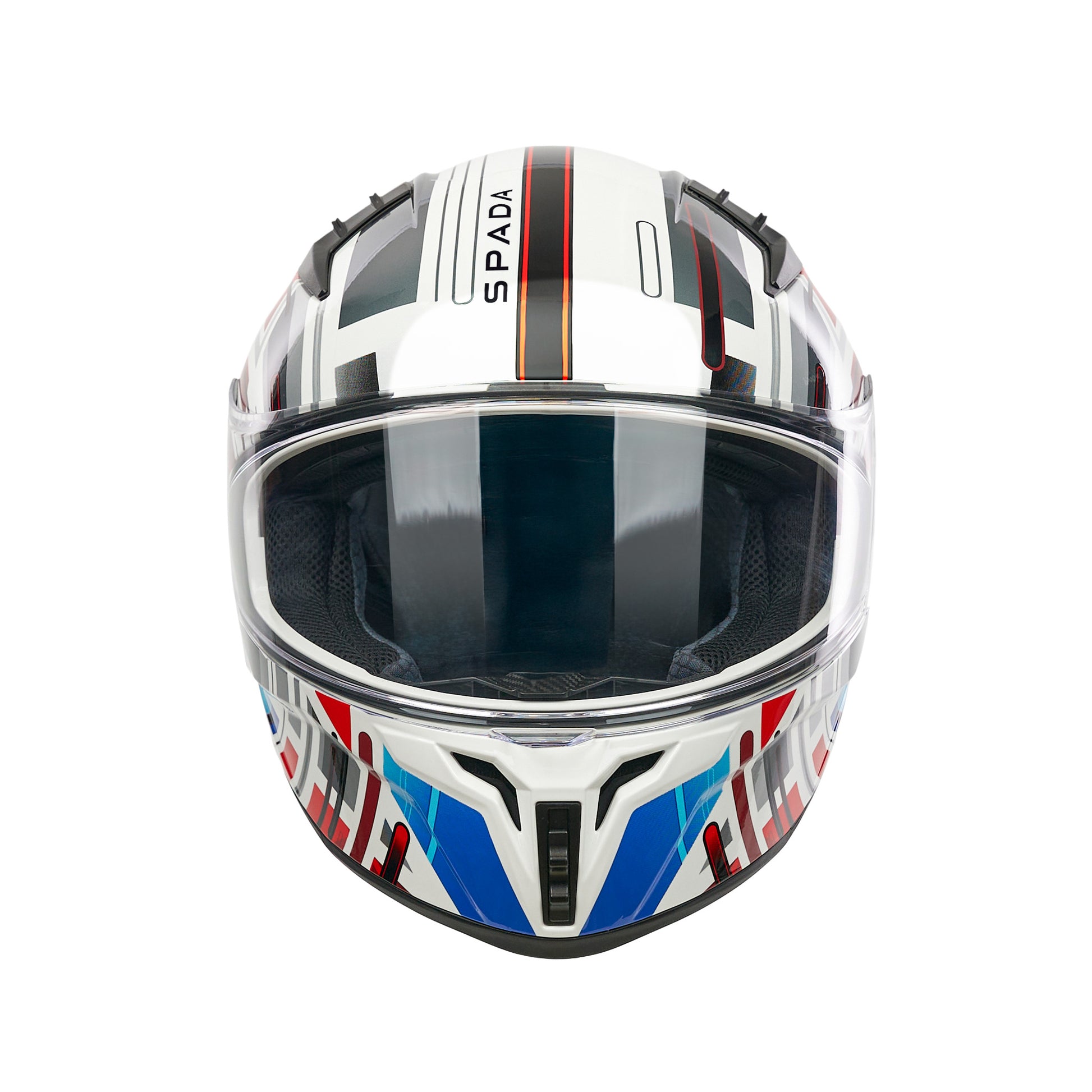 front facing red white blue motorbike helmet with spada branding