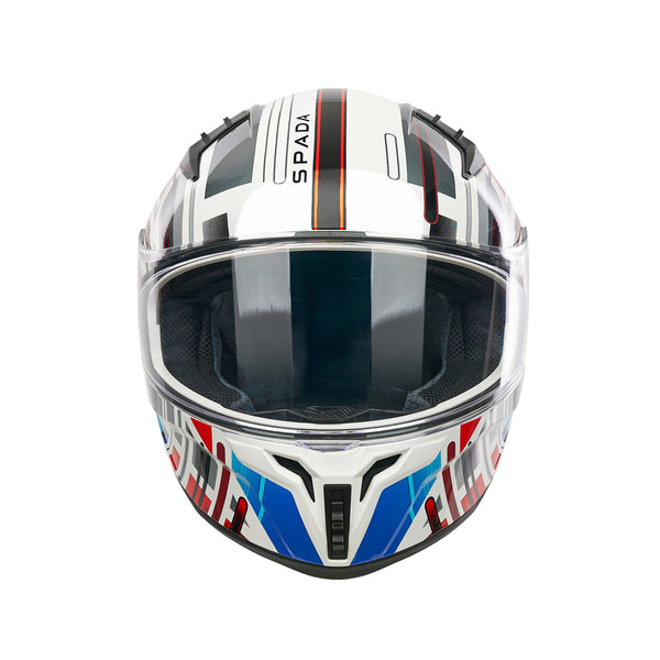 front facing red white blue motorbike helmet with spada branding