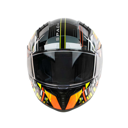 front facing yellow orange and black motorbike helmet with white spada logo on the front