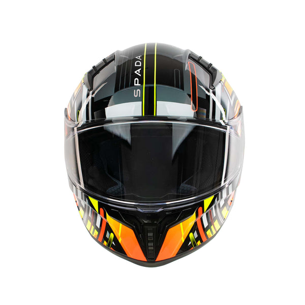 front facing yellow orange and black motorbike helmet with white spada logo on the front