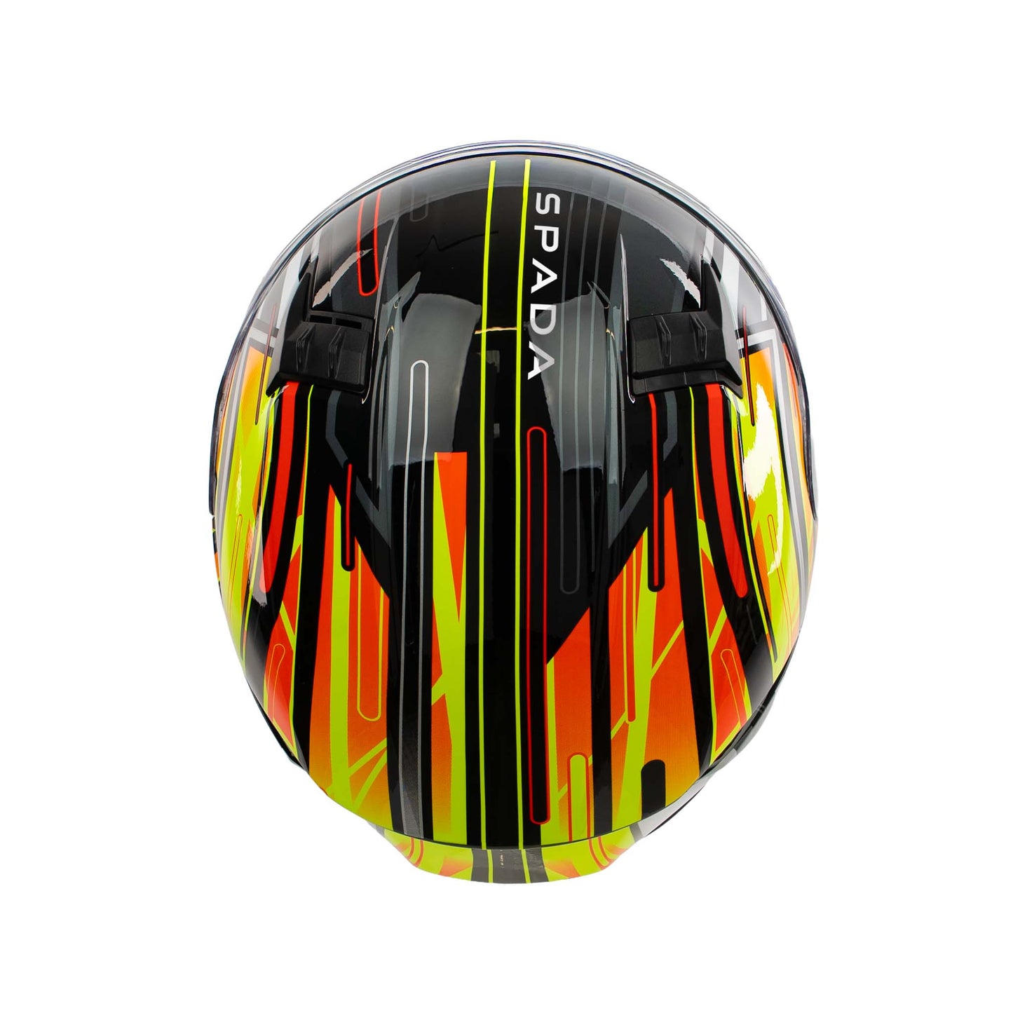 top of black yellow & orange motorbike helmet with spada branding