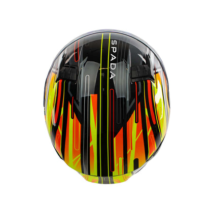 top of black yellow & orange motorbike helmet with spada branding