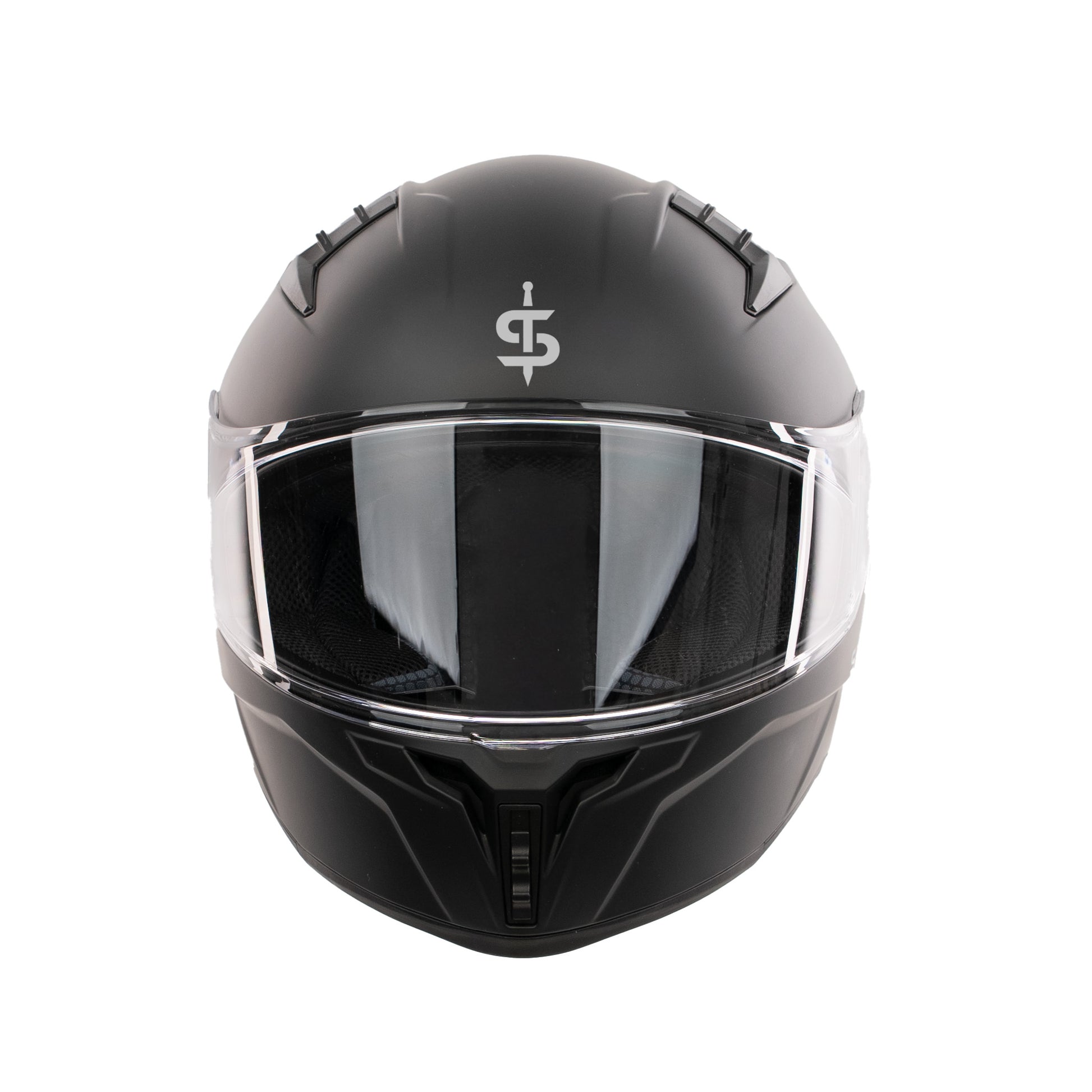 front facing full face helmet in black with spada logo and clear visor