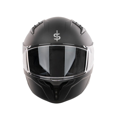 front facing full face helmet in black with spada logo and clear visor