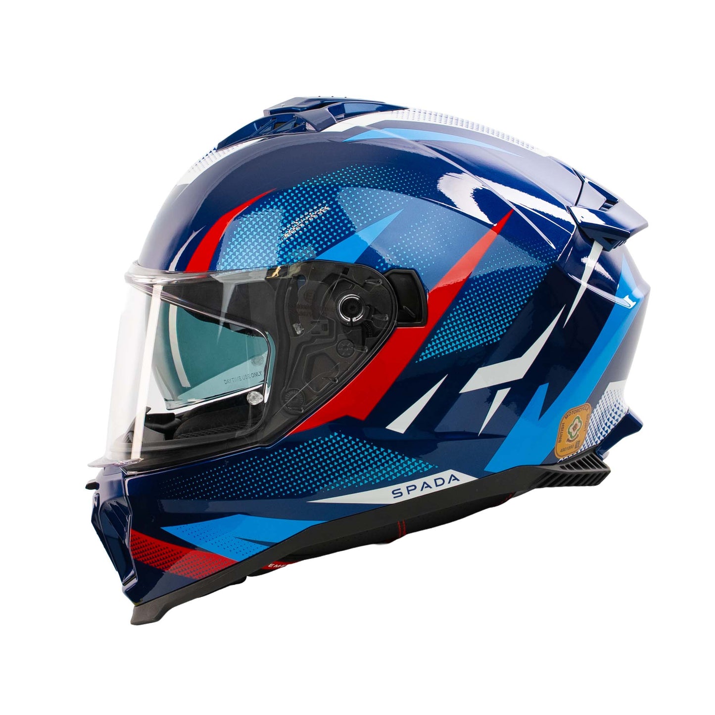 Blue and red motorcycle helmet with clear visor on a white background