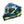 Blue and yellow motorcycle helmet with clear visor on a white background