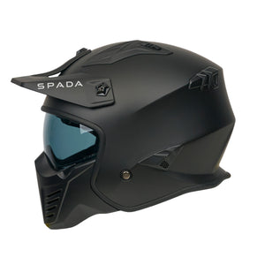 matt black off road motorcycle helmet with tinted visor and detachable chin guard