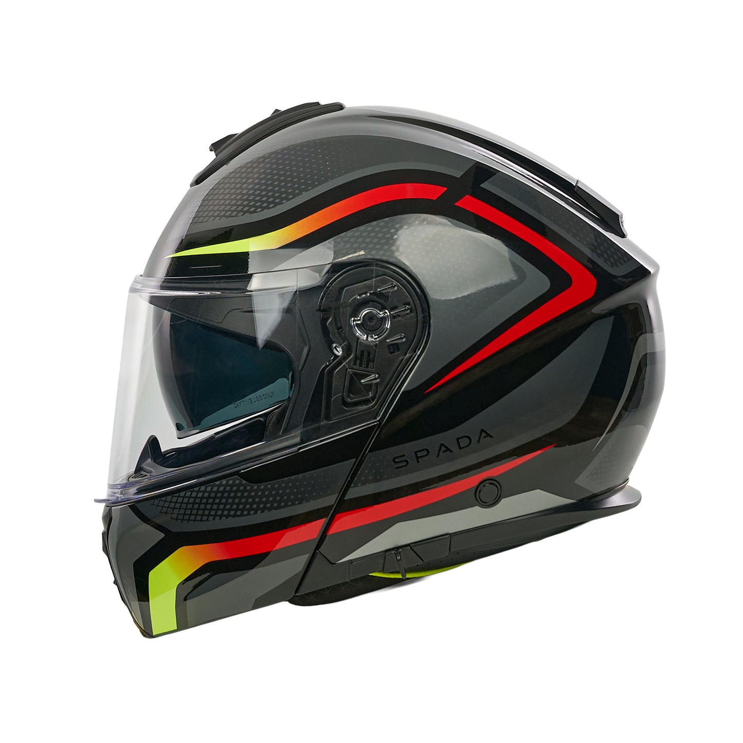 Black motorcycle helmet with red and yellow accents on a white background