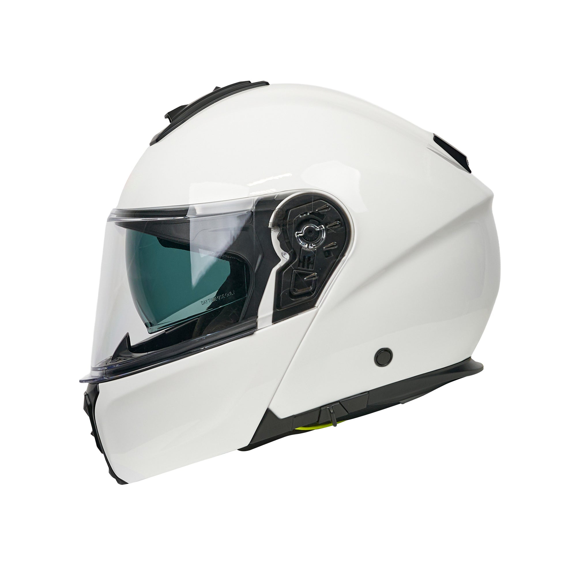 White motorcycle helmet with clear visor on a white background