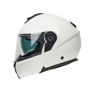 White motorcycle helmet with clear visor on a white background