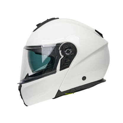 White motorcycle helmet with clear visor on a white background