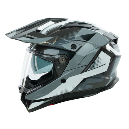 Gray and black off-road helmet with clear visor on a white background