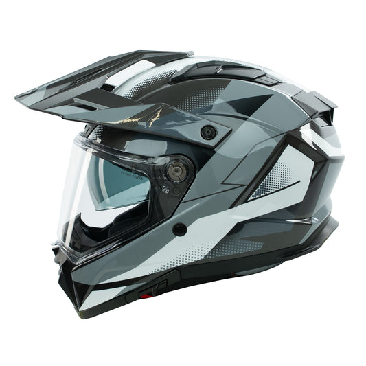 Gray and black off-road helmet with clear visor on a white background