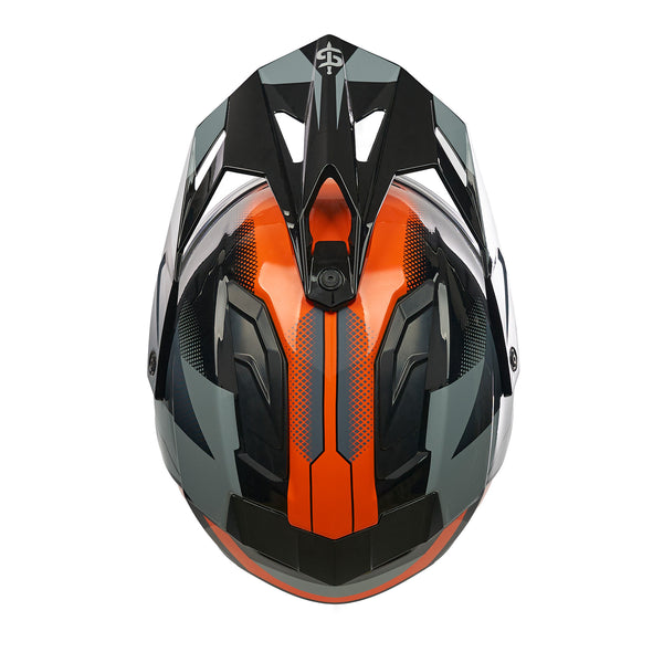 top of black and orange motorcycle helmet with black peak and vents