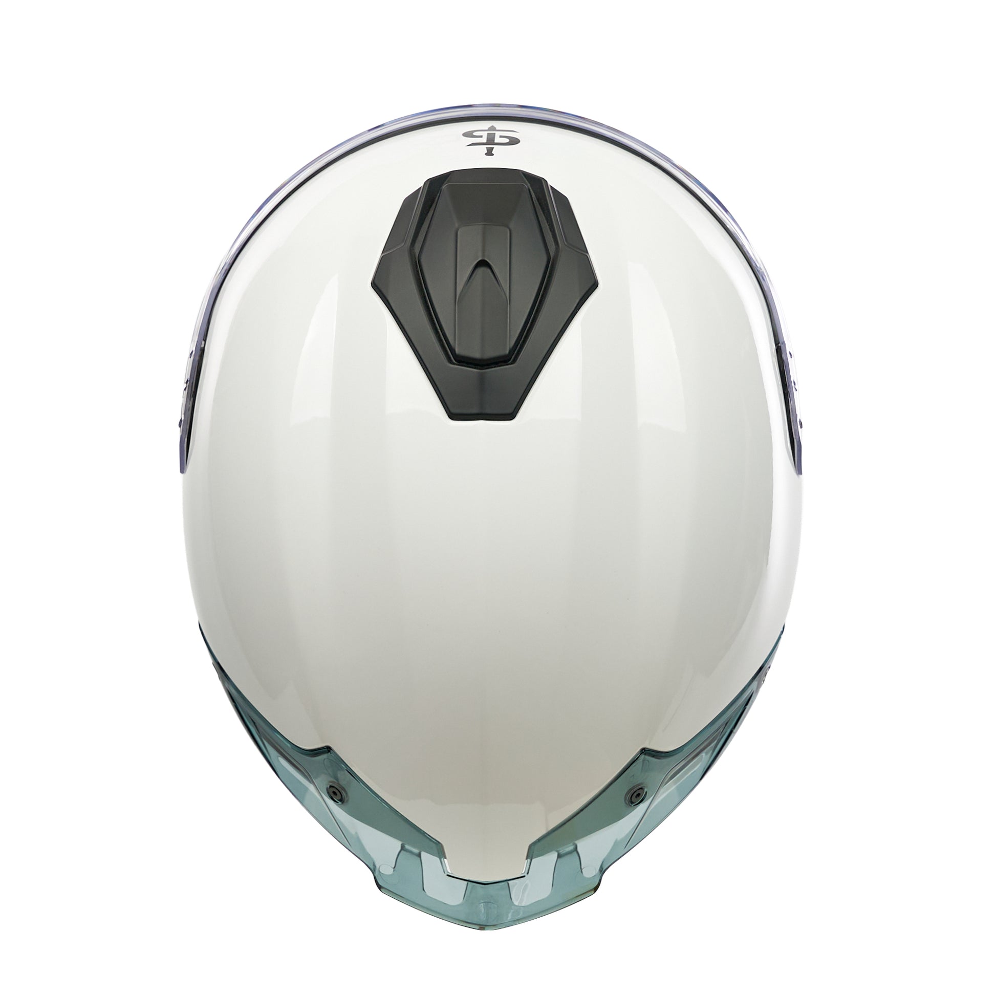 White motorcycle helmet with a black visor on a white background