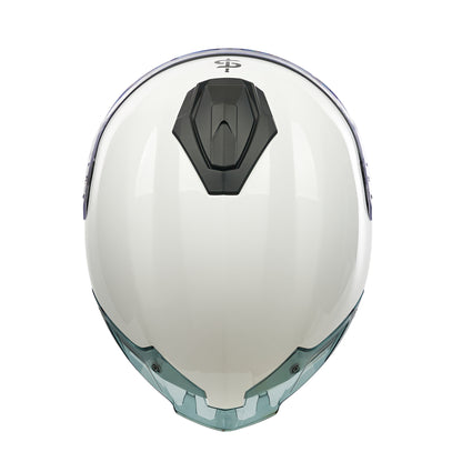 White motorcycle helmet with a black visor on a white background