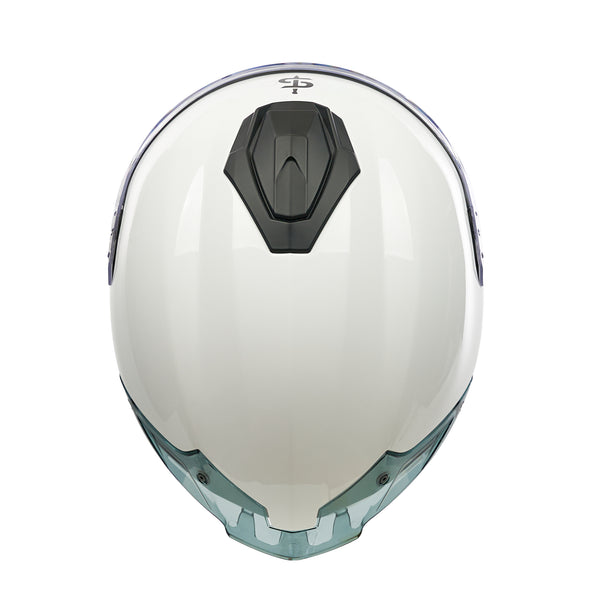 White motorcycle helmet with a black visor on a white background