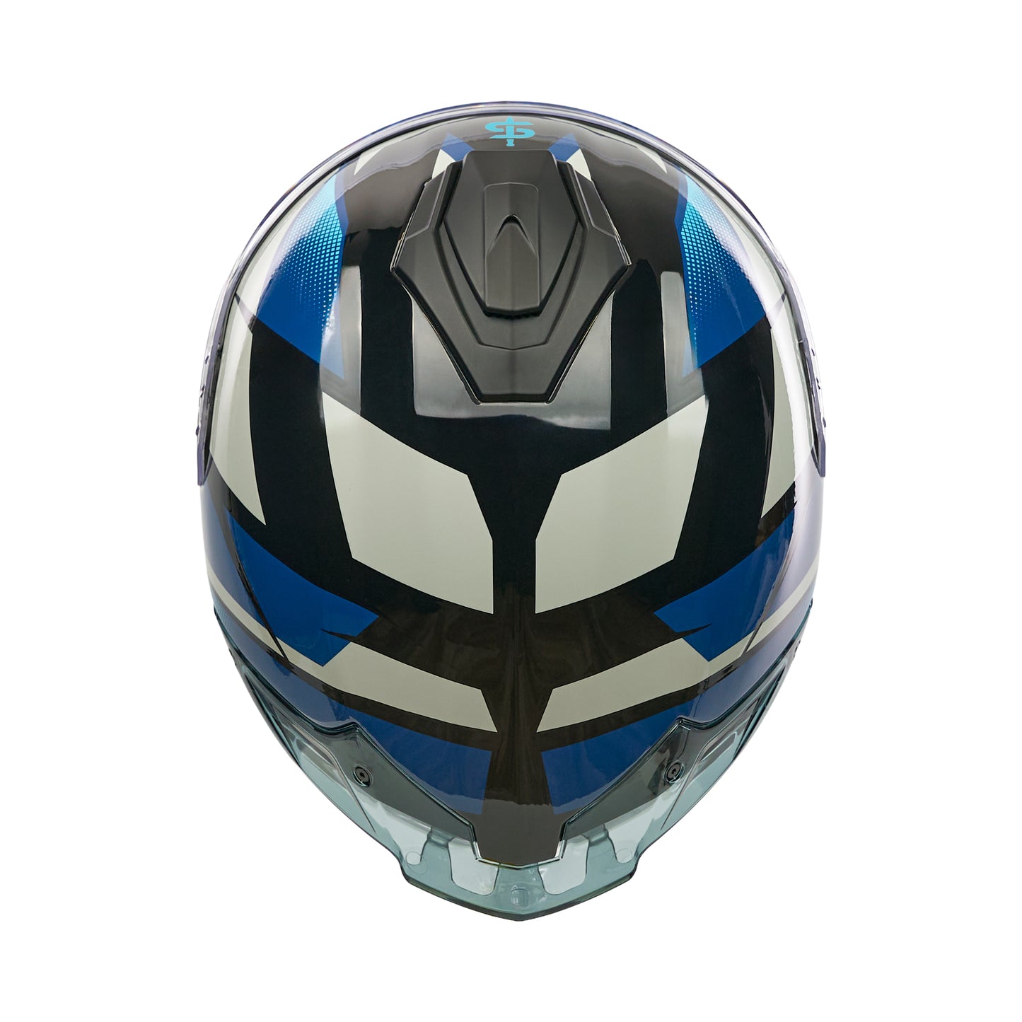 top of black and blue helmet with black vents