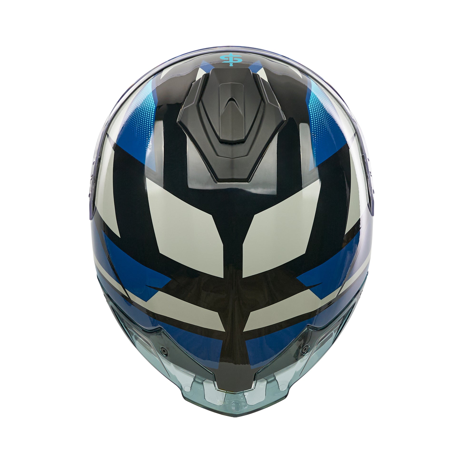top of black and blue helmet with black vents