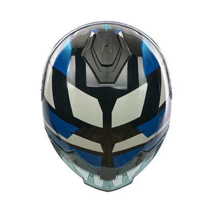 top of black and blue helmet with black vents