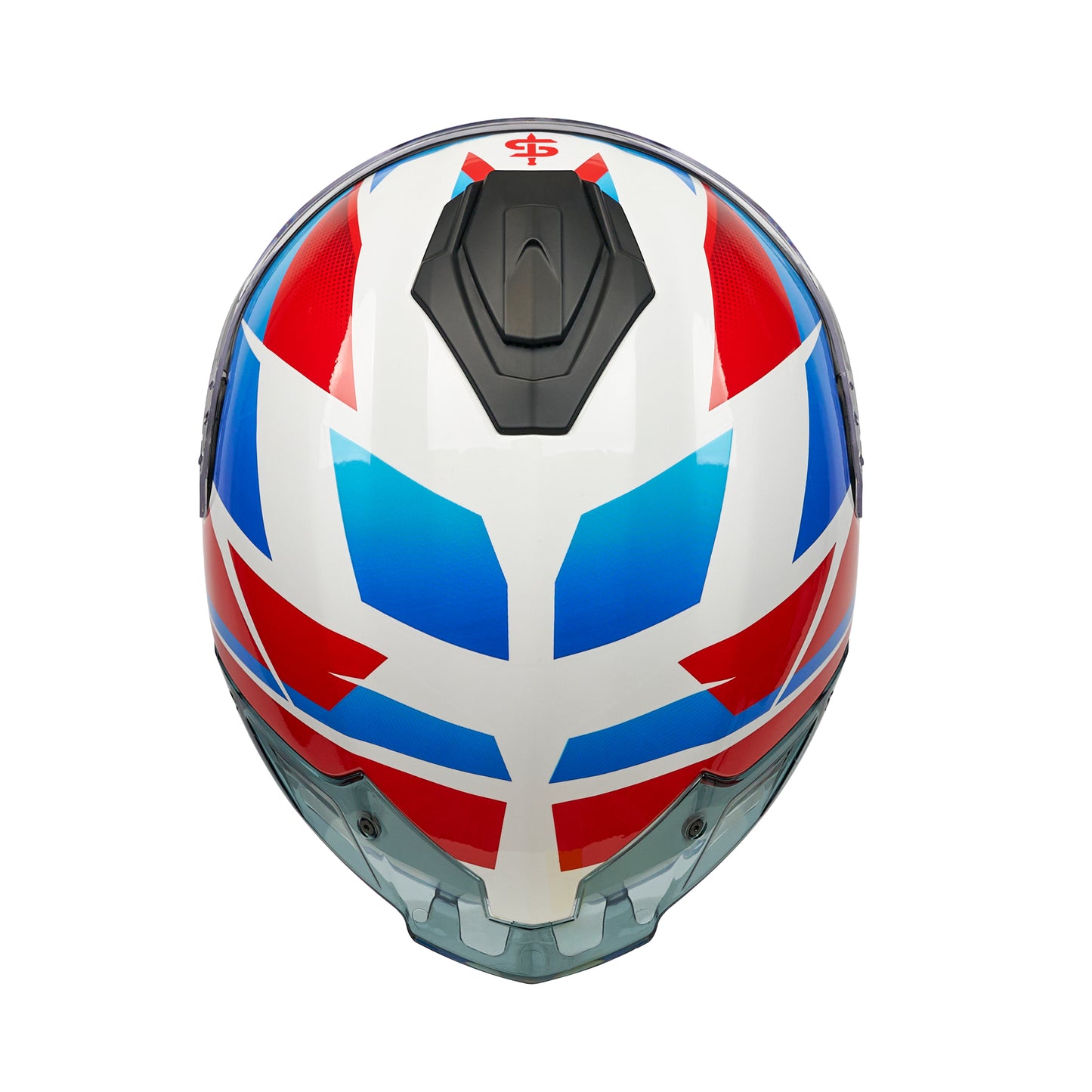 top of red white and blue helmet with black vents