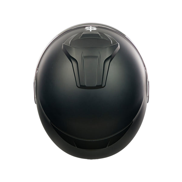 top of matt black biker helmet with vents