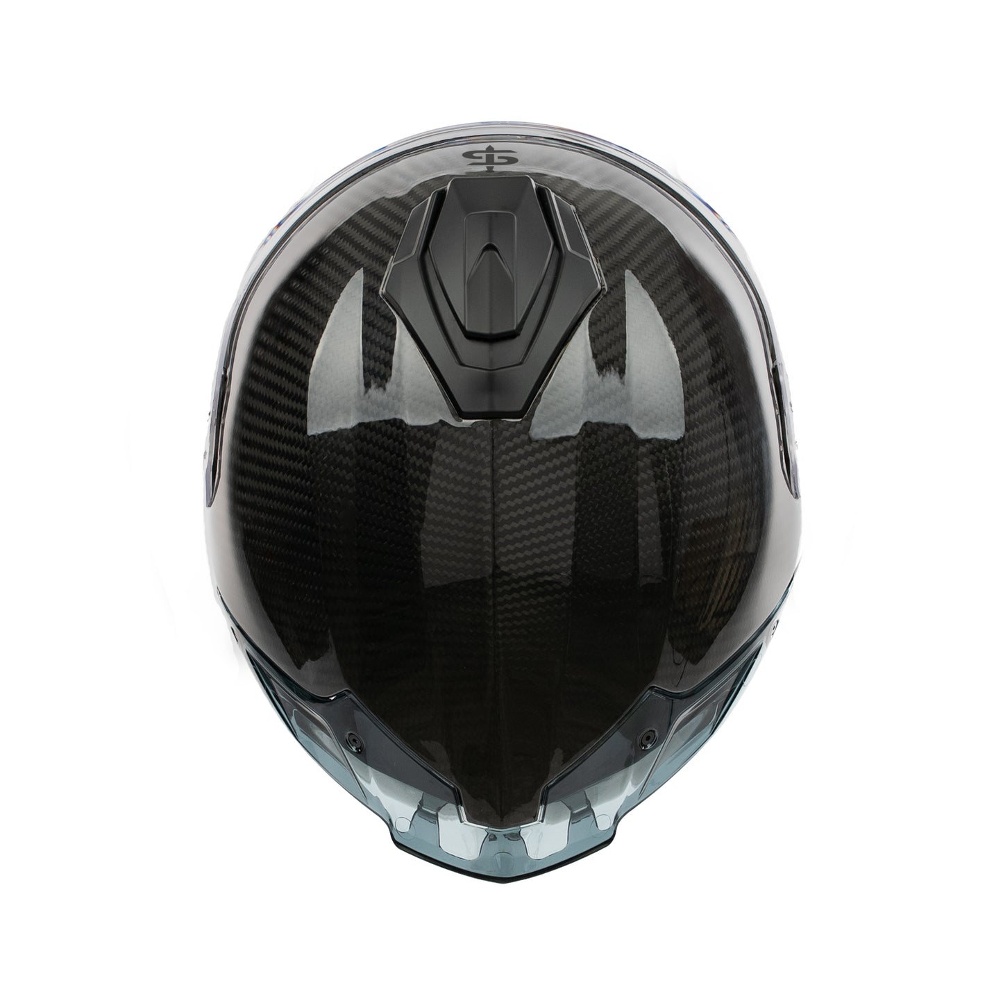 Black motorcycle helmet with a glossy finish on a white background