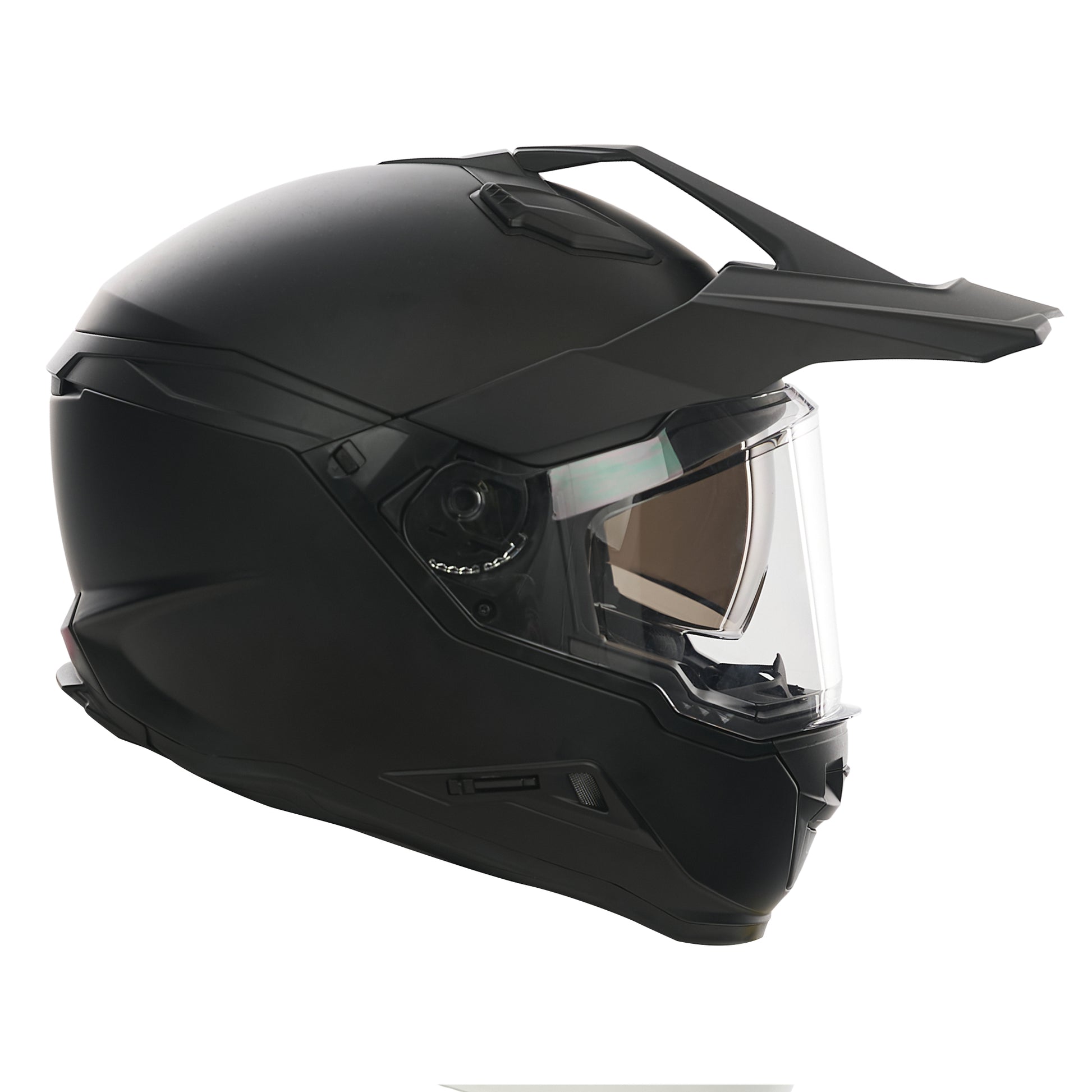 side of matt black motorbike helmet iwth peak and clear visor