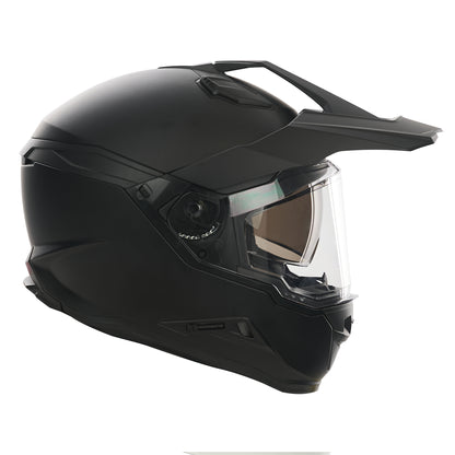 side of matt black motorbike helmet iwth peak and clear visor