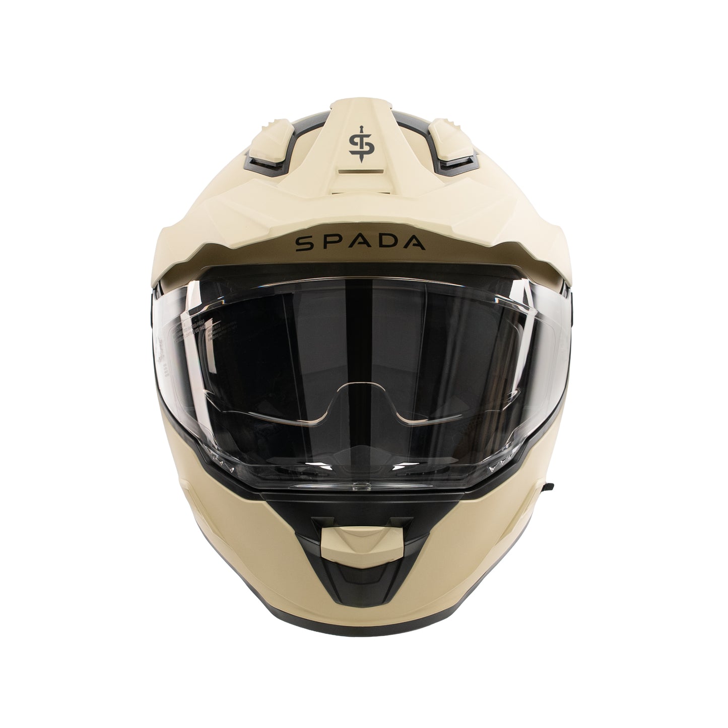 Beige motorcycle helmet with clear visor on a white background