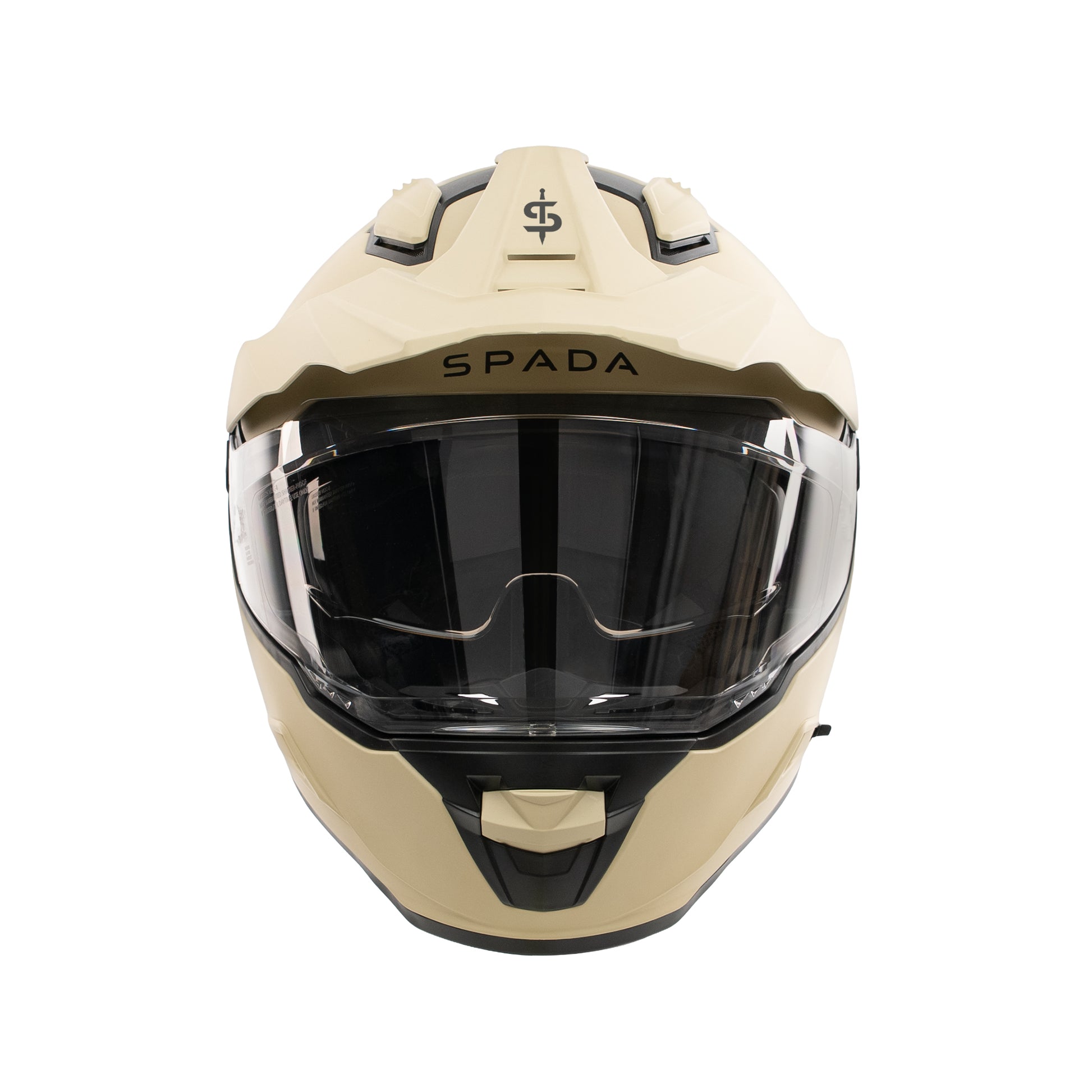 Beige motorcycle helmet with clear visor on a white background