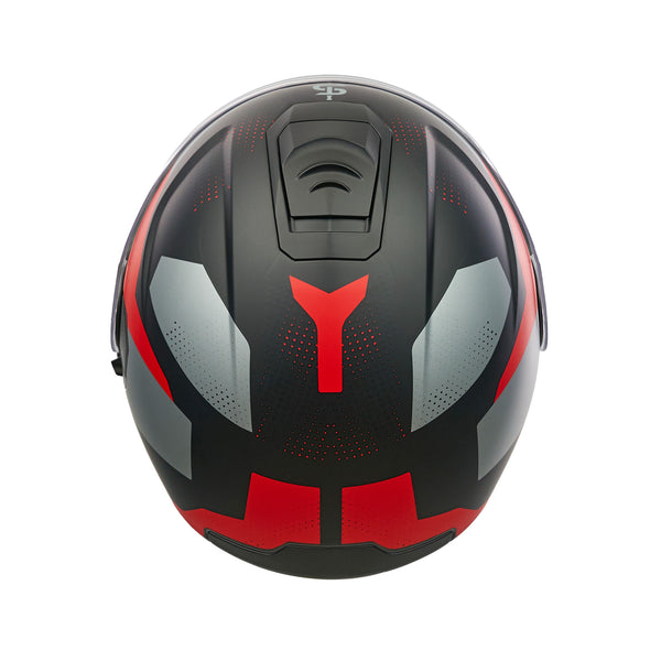 top of black red and grey motorbike helmet with black vents
