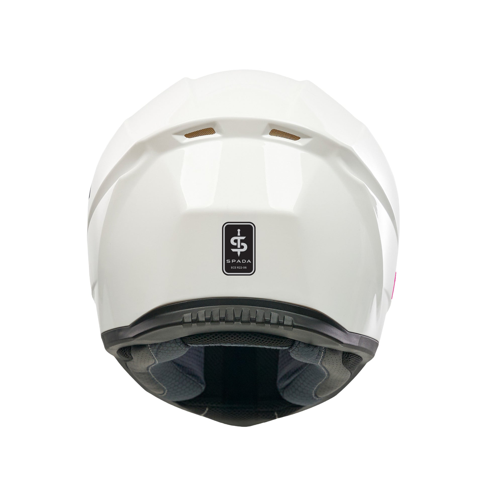 back of white motorbike helmet with spada logo on the back