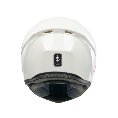 back of white motorbike helmet with spada logo on the back