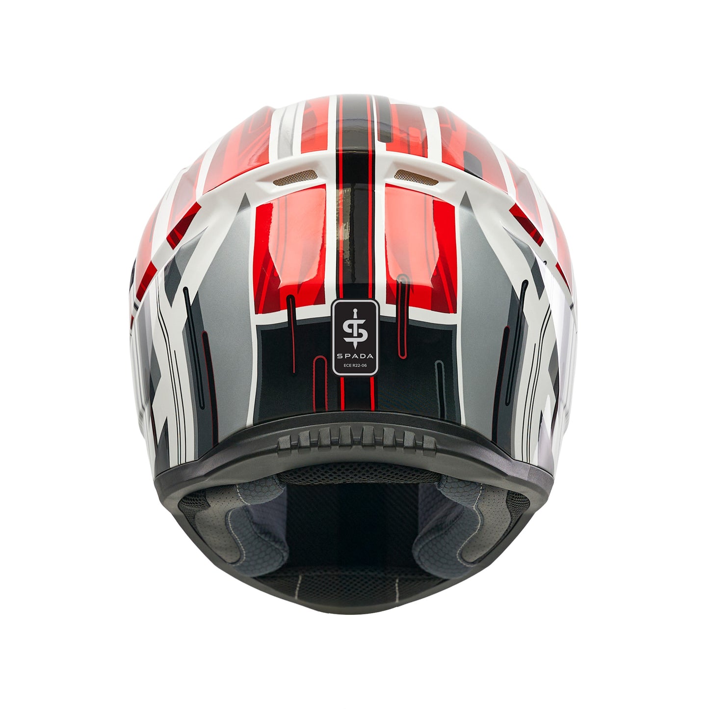 back of red grey and black motorbike helmet with spada logo in the back