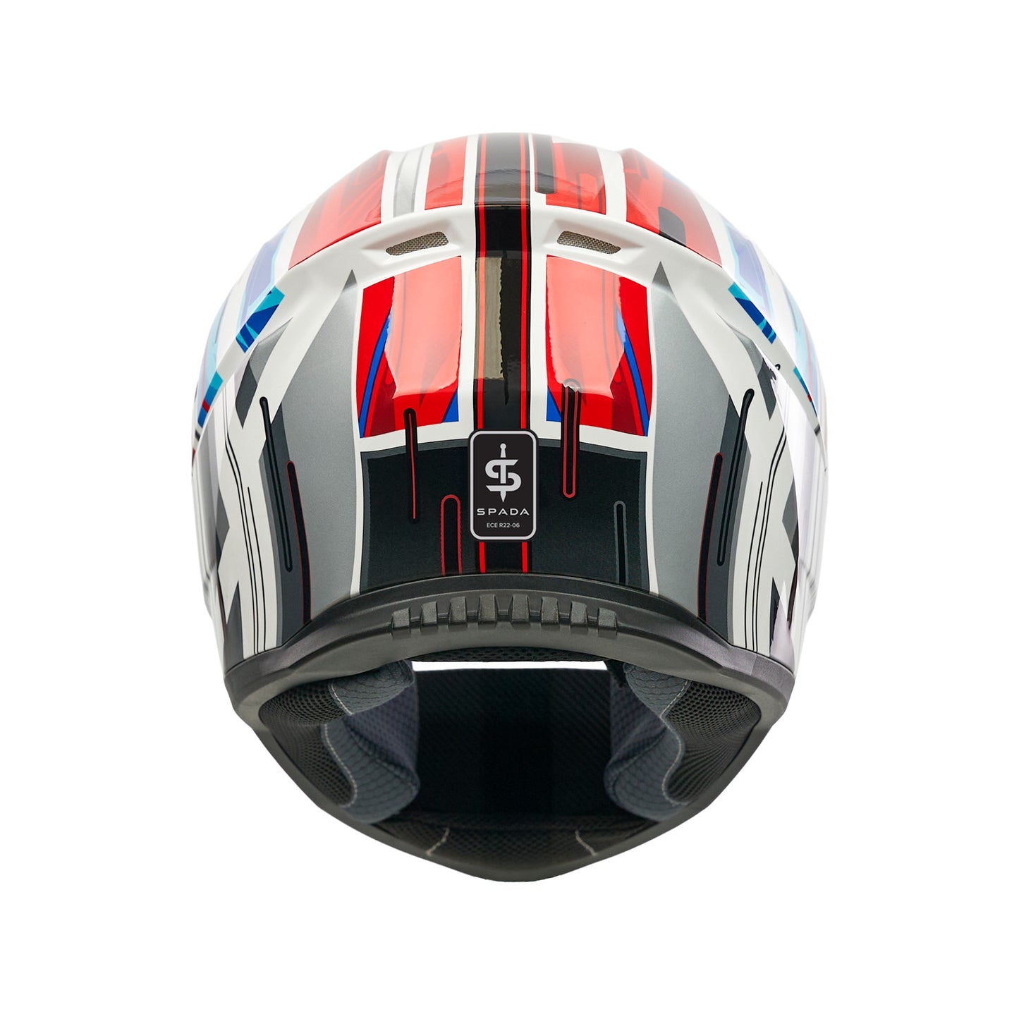 back of red grey and black motorbike helmet with spada logo on the back